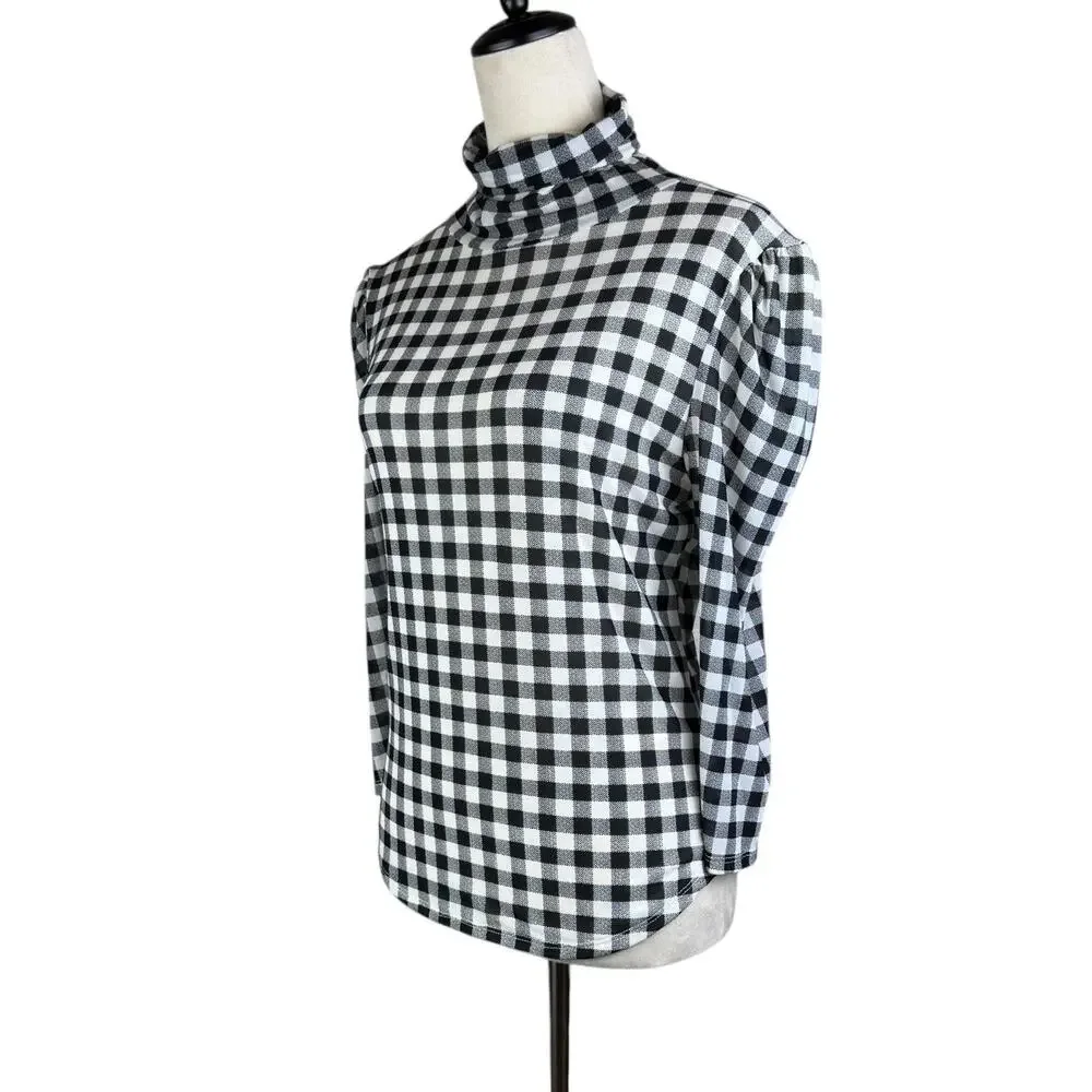 Free People Gathered Turtleneck Black & White Gingham Checkered Mesh Slim Top